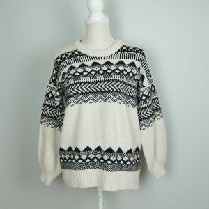 American Eagle Cream with Black Fair Isle Oversized Knit Crewneck Sweater XS
